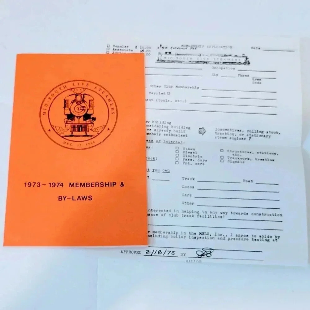 Mid-South Live Steamers 1973-1974 Membership & Bylaws Book & App. Vintage Estate